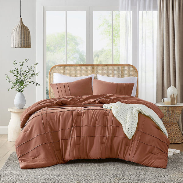 JLA Home Comfort Spaces - Soft Pinch-Pleat Comforter Set with Pre-Washed Microfiber, Plush Year-Round Warmth & Durable Texture Clay AM10-0392