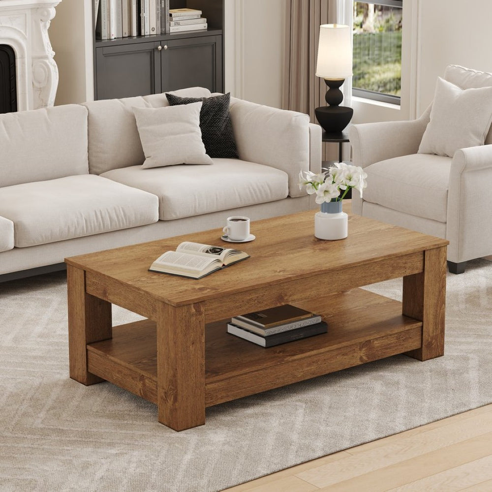English Elm A Modern Two-tier Mdf Coffee Table with Open Shelf for Living Room Storage W3875P392271