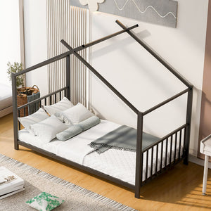 English Elm Twin Metal House Platform Bed with Slat Kit for Kids Sleepovers Sturdy Frame Elegant Silhouette 63.8"H Black MF322835AAB