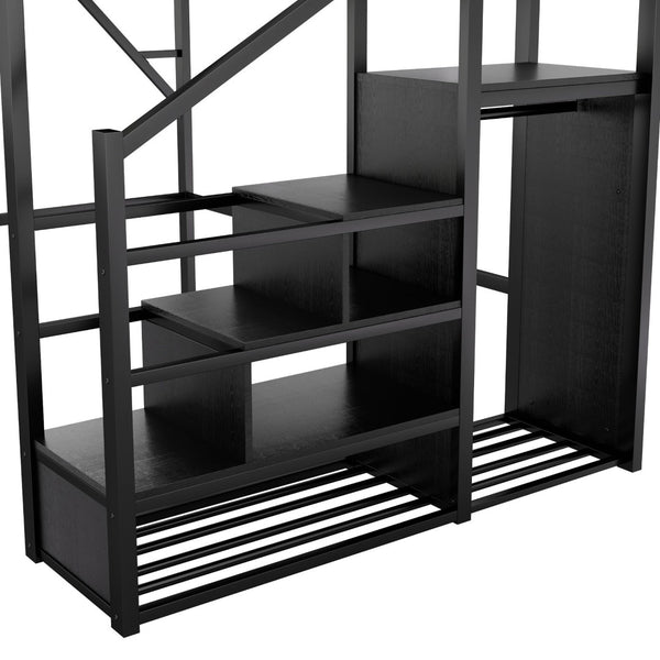 English Elm Full Size Metal Loft Bed with Stair Storage and Built-in Wardrobe for Kids W2580S00058