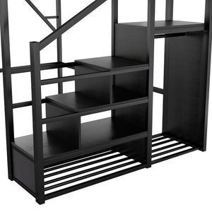 English Elm Queen Metal Loft Bed with Stair Storage Wardrobe and Under-bed Space for Teens W2580S00059