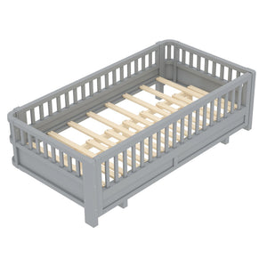 English Elm Twin Xl Convertible Platform Bed With Guardrails, Solid Wood Frame In Gray - Safe & Stylish Sleep Solution W1580S00242-GIGA