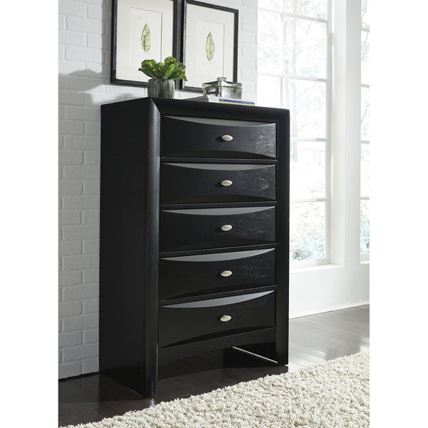 English Elm LUCILLE Spacious Chest of Drawers with Chambered Fronts and Solid Wood Construction, Sleek Tone Finish Black 33.5 L x 18.94 W x 51.06 H B201P294791