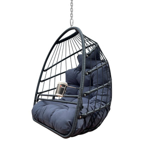 English Elm Swing Hammock Egg Chair with Wood-Grain Alloy Frame, UV-Resistant Rattan, Foldable 350lb Capacity Black W2707P184373