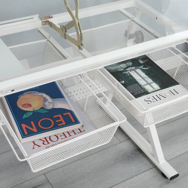 English Elm White Tempered Glass Drafting Table with Chair Steel Frame Tilting Artist Desk W347119824