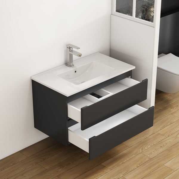English Elm 32-Inch Wall-Mounted Bathroom Vanity & Ceramic Sink Combo - Soft-Close Drawers, Easy Install! W3151S00046