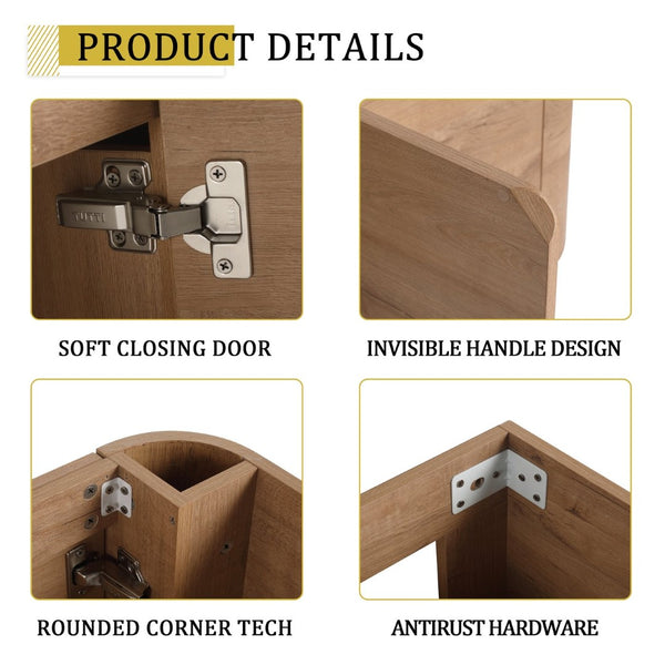 English Elm 48" Floating Bathroom Vanity Dual Ceramic Vessel Sinks Oak Finish Soft Close Doors W999S00507