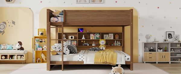 English Elm Queen Over Queen Floor Bunk Bed with Built-In Storage Shelves, USB Charging Station, Solid Pine Frame, Safety Rails and LadderDesigned for Space Saving and Modern Bedrooms Wheat W504S00259