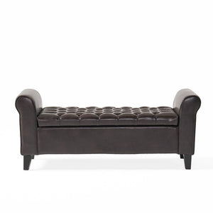 English Elm Brown Tufted Linen Storage Bench with Rolled Arms for Bedroom or Entryway N770P372389D