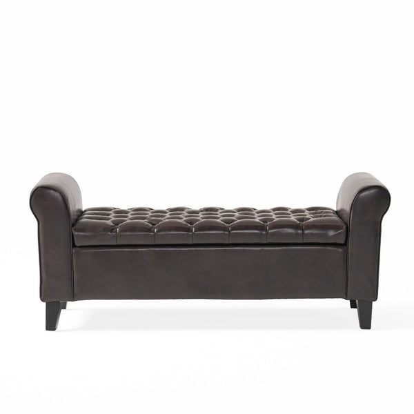 English Elm Brown Tufted Linen Storage Bench with Rolled Arms for Bedroom or Entryway N770P372389D