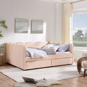English Elm Queen Gingham Linen Daybed with Wave Backrest Two Storage Drawers and Usb Port Pink W1413S00150