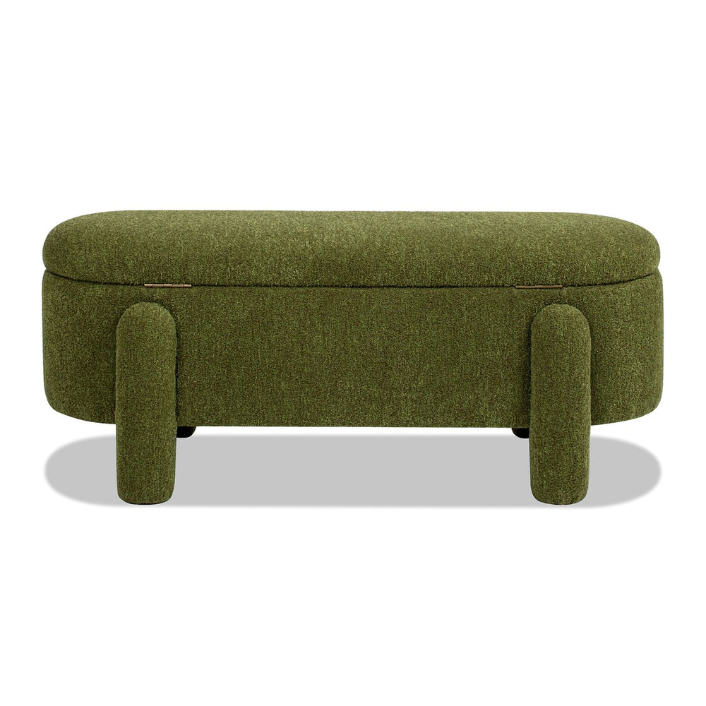 English Elm Jennifer Taylor Home - Hugo 49" Oval Fully Upholstered Storage Bench in Moss Boucle — Cozy sherpa-like texture, chic modern style, versatile seating and hidden storage (50" L x 19" W x 15" H) Green B2719P238468
