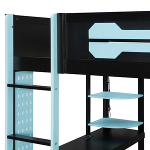 English Elm Full Size Gaming Loft Bed with Rgb Lighting Integrated Desk and Open Wardrobe Blue N820S00073C