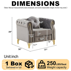English Elm Velvet Tufted Chesterfield Sofa with Copper Stud Trim and Gold Metal Legs Grey W834P423609