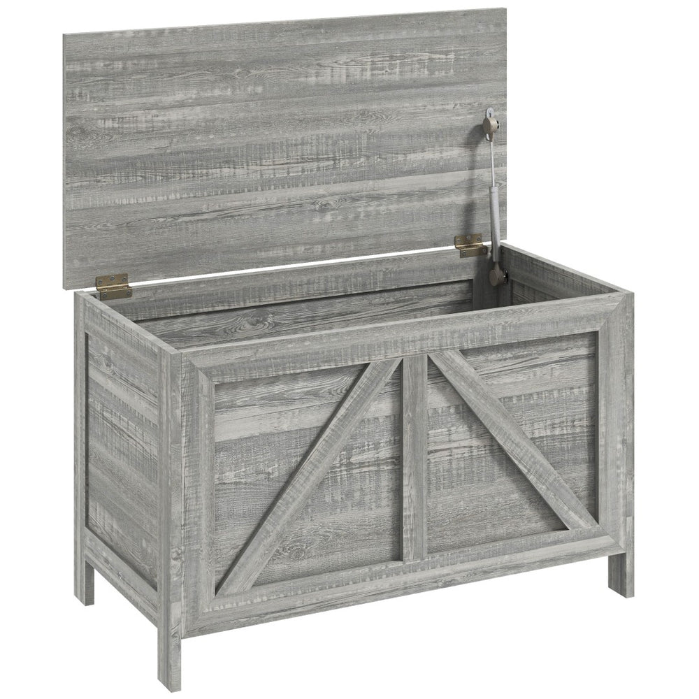 English Elm Homcom Farmhouse Lift Top Storage Chest with Safety Hinge Gray Wood Grain Finish W2225P217730
