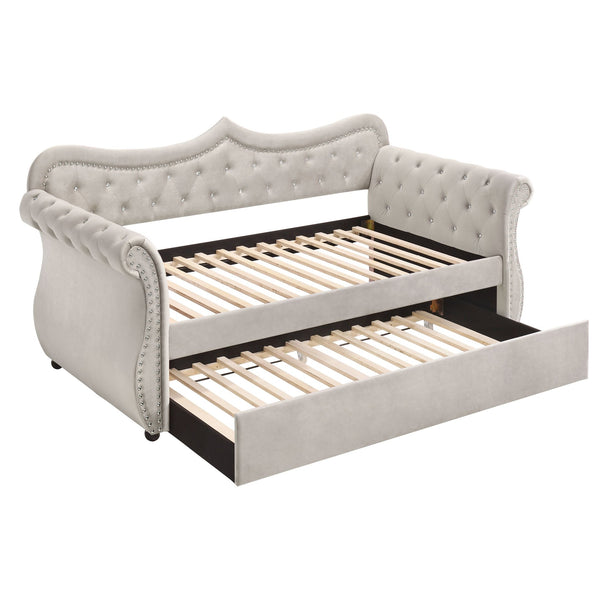 English Elm Beige Twin Daybed with Trundle, 28-Slat Sturdy Support, Rubberwood Frame, Cozy Beige Upholstery B062S00455