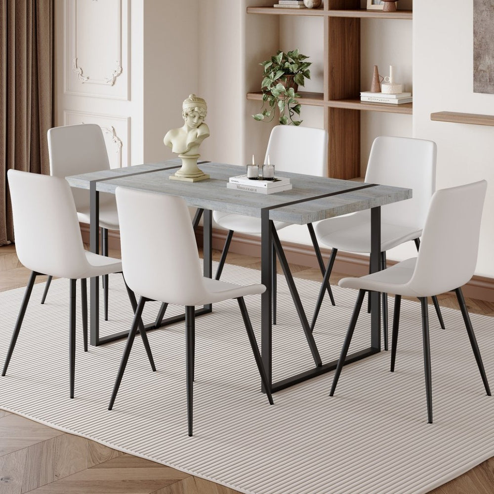 English Elm Table And Chair Set: Modern Grey Marble Dining Table With 6 Pu-Cushioned Chairs & Metal Frame W1151S01883-GIGA
