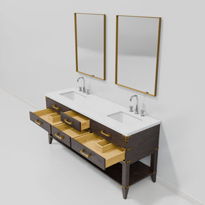 English Elm Brown Oak Double Bath Vanity Set With White Quartz Top, Faucets & Mirrors – Elegant Storage Solution B2731S01897