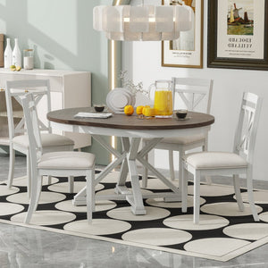 English Elm Trexm Retro Extendable Round Dining Set with Four Linen Upholstered Chairs Rubberwood Brown + Antique White ST000141AAD-2026