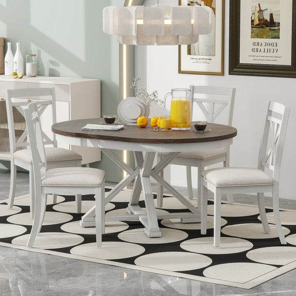 English Elm Trexm Retro Extendable Round Dining Set with Four Linen Upholstered Chairs Rubberwood Brown + Antique White ST000141AAD-2026