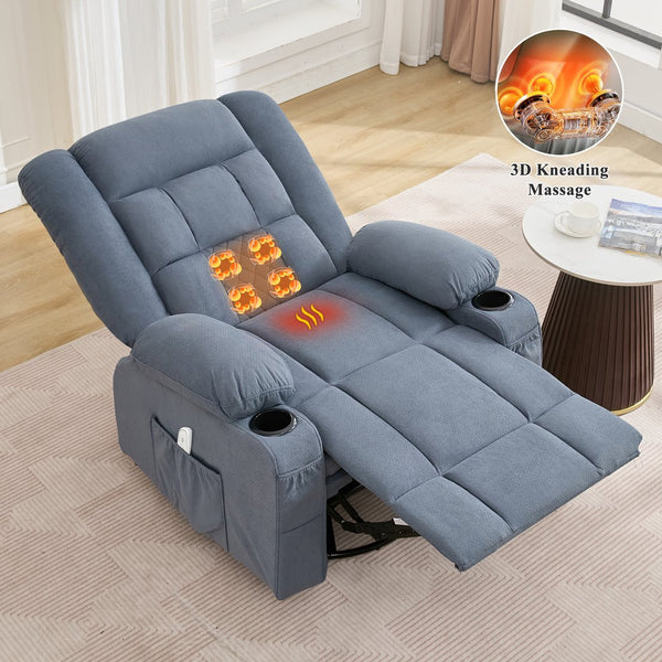 English Elm Kneading Massage Rocker Recliner with 4‑Point 3D Kneading, Heat, USB Port, Cup Holders & Swivel Comfort Blue W1521P390947