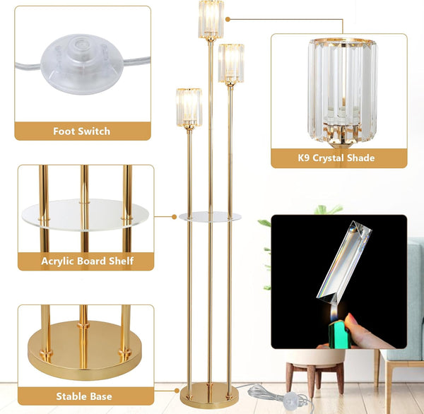 English Elm Gold Crystal Floor Lamp with Dual Shelves, Brass Mid-Century Standing Light, Foot Switch, 66" Tall W2738P400603
