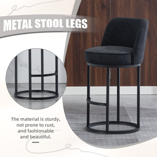 English Elm Counter Height Barstools Set of 2 Linen Upholstered Barrel Seat with Iron Legs Black W395P410438