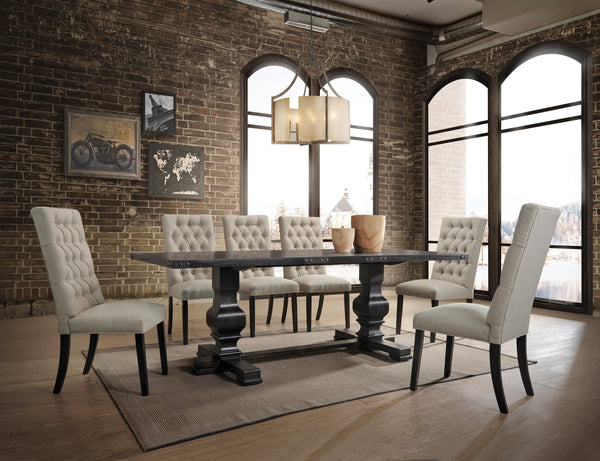 English Elm Morland Vintage Black Finish 7-Pc Dining Set with Button-Tufted Parsons Chairs & Double Pedestal Table B2726S00253