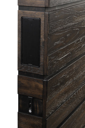 English Elm King Industrial Farmhouse Bed with Built-In Bluetooth Speakers, USB Charging and LED Reading Lights Brown 84 L x 48 W x 12.5 H B2699S00036