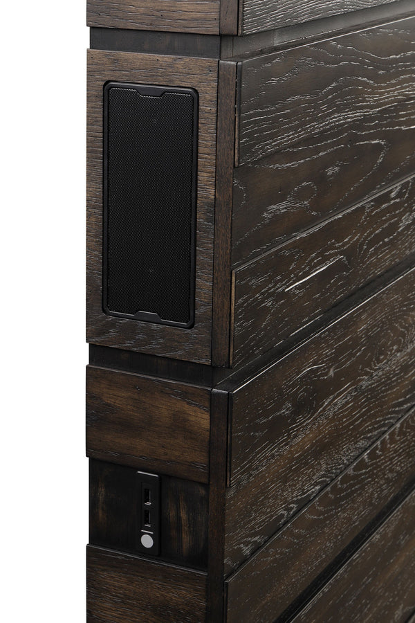 English Elm Queen Industrial Farmhouse Panel Bed with Built-In Bluetooth Speakers, USB Ports & LED Reading Lights Brown 87 L x 10 W x 4.25 H B2699S00035