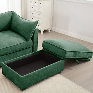 English Elm 2 Seater Sofa With Movable Ottomans & Hidden Storage Drawers, Elegant Chenille Green Design W3041S00184