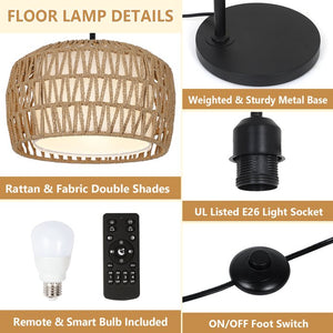 English Elm Arc Rattan Arc Floor Lamp with Remote & Smart LED, Dimmable 3-Color Timer, Adjustable 65–72.8" W2738P400694