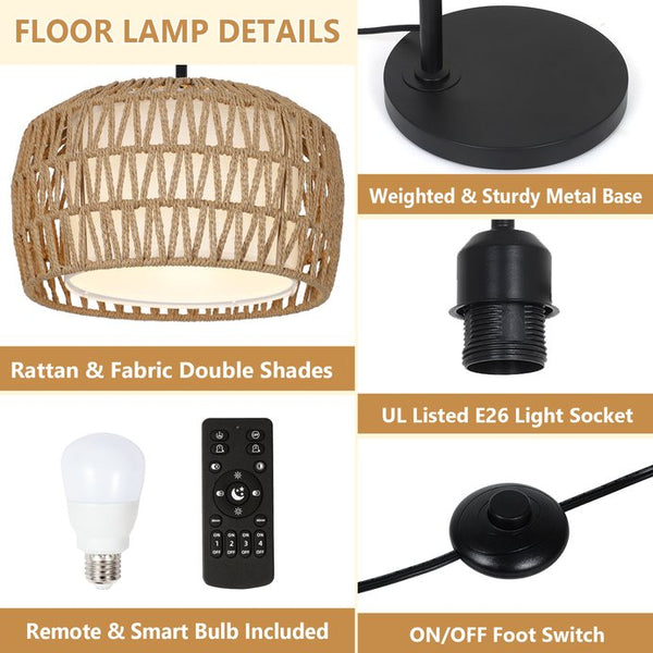 English Elm Arc Rattan Arc Floor Lamp with Remote & Smart LED, Dimmable 3-Color Timer, Adjustable 65–72.8" W2738P400694