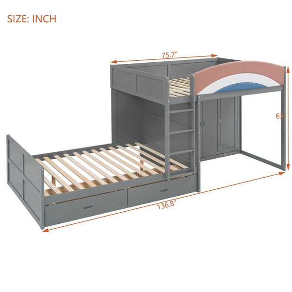 English Elm Full Size Offset Bunk Bed with Wardrobe Hanging Rod Drawers and Upholstered Rail Gray N820S00081E