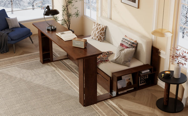 English Elm Queen Daybed with Hydraulic Desk Storage Drawers and Convertible Sofa for Small Spaces Espresso LT000272AAP