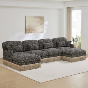 English Elm 131"comfy Chenille Leopard Print U-shaped Sectional with Tassel Trim and Modular Ottomans Khaki W5656S00027