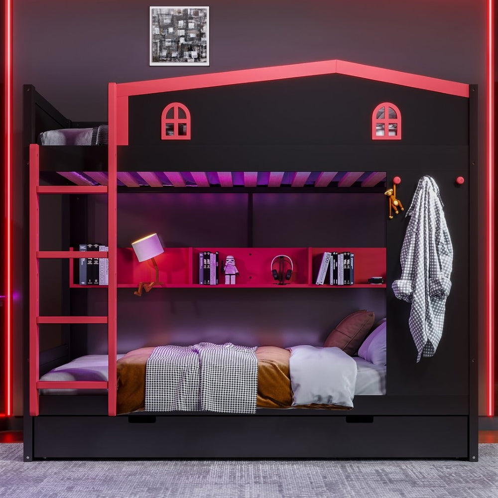 English Elm Twin Xl Solid Pine Loft Bed with Built-in Led Lighting and Storage Shelves W1580S00393