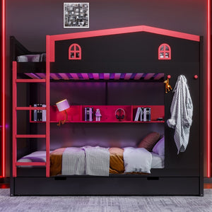 English Elm Twin Xl Solid Pine Loft Bed with Built-in Led Lighting and Storage Shelves W1580S00393