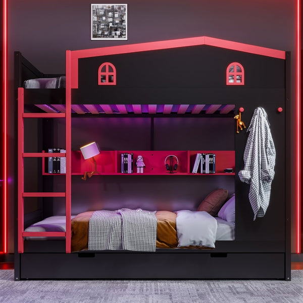 English Elm Twin Xl Solid Pine Loft Bed with Built-in Led Lighting and Storage Shelves W1580S00393