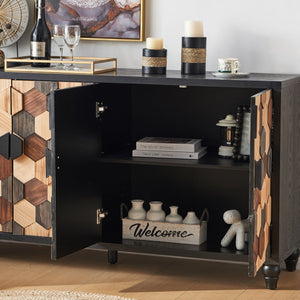 English Elm Distressed Honeycomb Storage Cabinet with Wood Knobs, Mid-Century Modern Sideboard Buffet in Black Brown W3040P382292