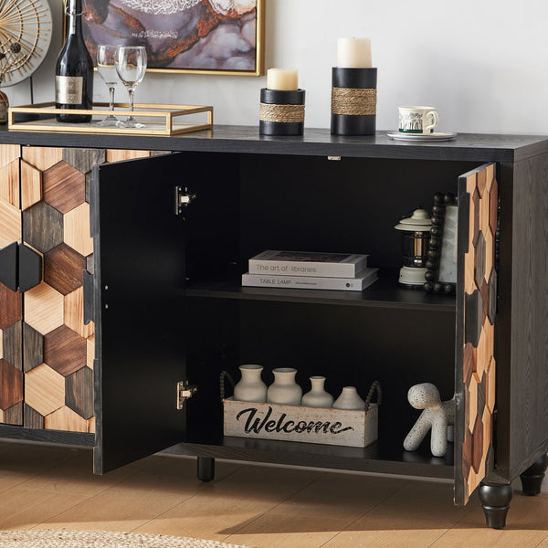 English Elm Distressed Honeycomb Storage Cabinet with Wood Knobs, Mid-Century Modern Sideboard Buffet in Black Brown W3040P382292