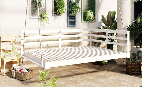 English Elm TOPMAX Acacia Wood Porch Swing Bed with 96" Hemp Ropes, Open-Side Minimalist Patio Lounger, 350lb Capacity White N717P265860K