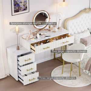 English Elm Velvet Upholstered Vanity Desk Set with Marble-Look Top, Padded Chair, 5 Spacious Drawers & Gold Accents Beige 17.5 L x 16.3 W x 16.1 H N733S272606A
