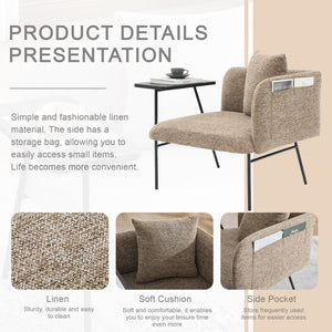 English Elm Leisure Linen Accent Chair with Built-in Side Table Pockets and Lumbar Pillow Modern Khaki W395P453308