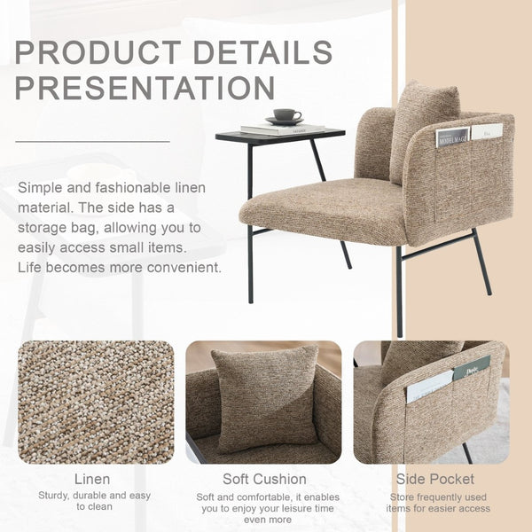 English Elm Leisure Linen Accent Chair with Built-in Side Table Pockets and Lumbar Pillow Modern Khaki W395P453308