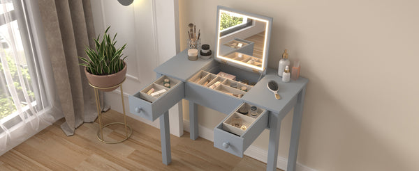 English Elm Multifunctional Vanity Desk with Flip-Top Mirror, 3-Level LED Lighting, Ample Storage for Small Spaces Grey W760P152317