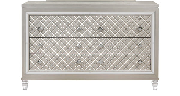 English Elm CROSS Glam Champagne Dresser with Jewel Hardware, Acrylic Legs, Mirror Accents & Felt Jewelry Drawers B201P227096