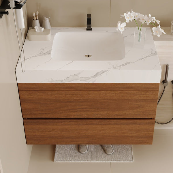 English Elm 29.9" Floating Bathroom Vanity Sintered Stone Top Soft Close Drawers Bronze Gold Hardware W3136S00041