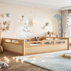 English Elm Queen Low Profile Floor Bed Pine Wood Frame Japandi Minimalist Bedroom Design Natural W1580P438796