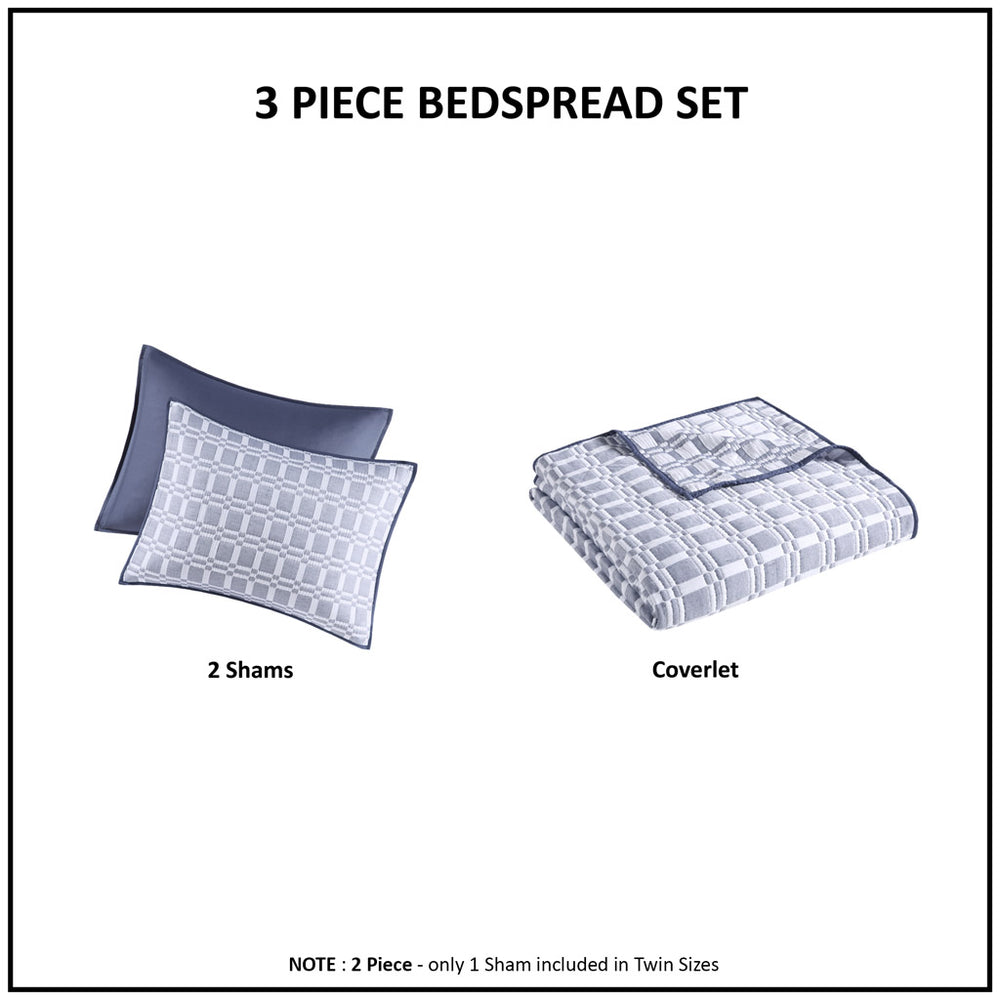 JLA Home Madison Park - 3 Piece Reversible Matelassé Coverlet Set with Lightweight Checked Texture, Machine Washable, Dual-Style Bedding Indigo MP13-8309